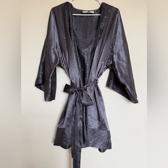 Victoria's Secret Other - Victoria’s Secret Vintage Gray Satin Kimono Robe Chemise Set
